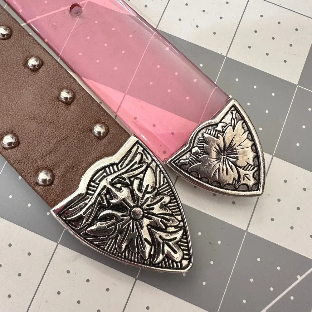 Pair of Y2K Fashion Belts  Pink Transparent Brown Studded Metal Buckle/Tips